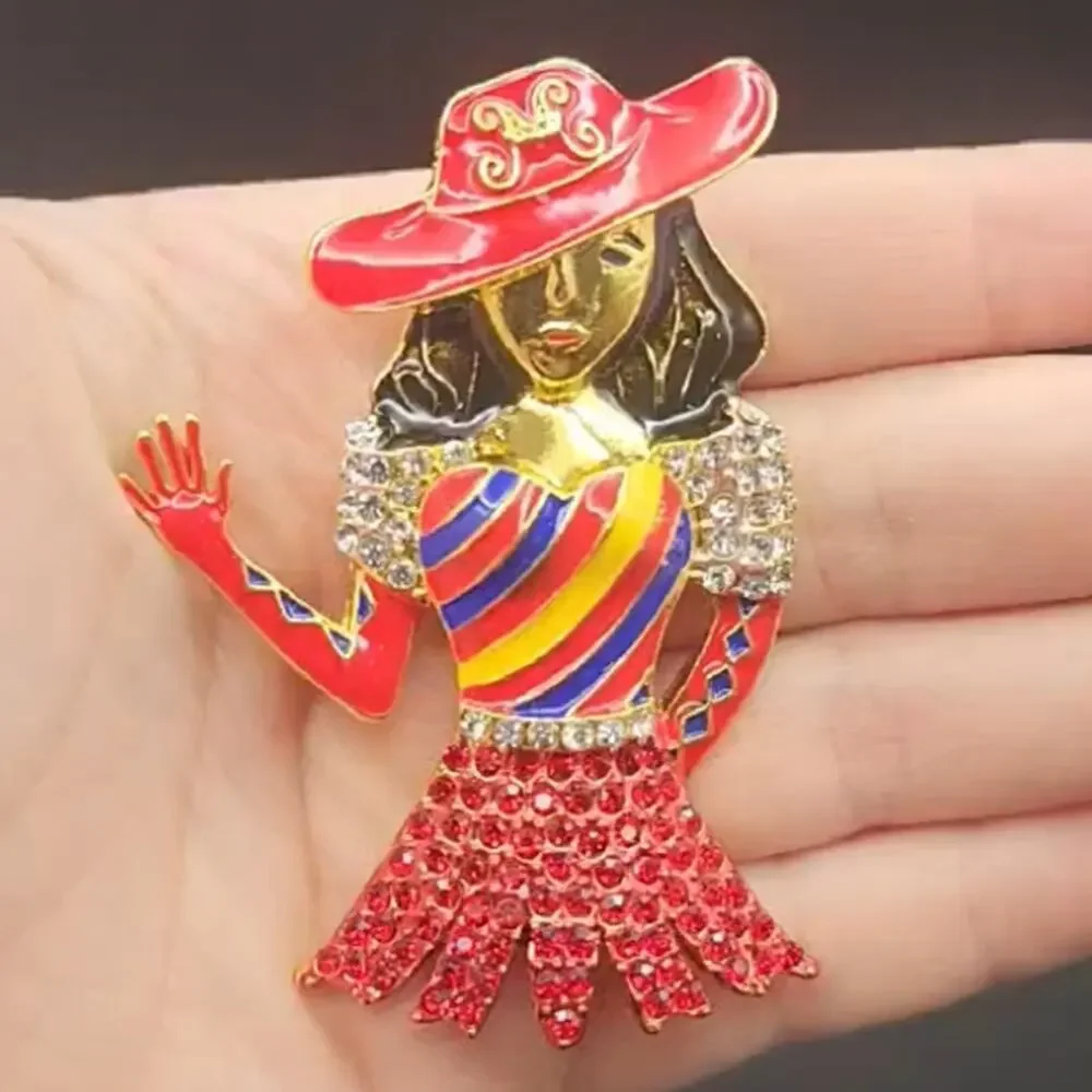 Fancy Dressed Red Hat Figural Women Brooch Enamel & Rhinestones Bright Colors